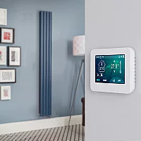 Milano Aruba Electric Deep Sea Blue Vertical Designer Radiator 1600mm x 236mm with OnWall Touchscreen WiFi Thermostat and Cable Cover