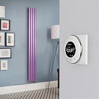 Milano Aruba Electric Lush Purple Vertical Designer Radiator 1600mm x 236mm with OnWall WiFi Thermostat and Cable Cover