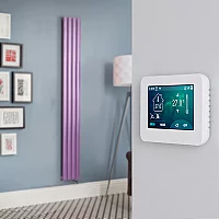 Milano Aruba Electric Lush Purple Vertical Designer Radiator 1600mm x 236mm with OnWall Touchscreen WiFi Thermostat and Cable Cover