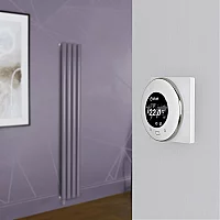 Milano Aruba Electric Dahlia Purple Vertical Designer Radiator 1600mm x 236mm with OnWall WiFi Thermostat and Cable Cover