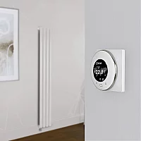 Milano Aruba Electric Rose Petal Pink Vertical Designer Radiator 1600mm x 236mm with OnWall WiFi Thermostat and Cable Cover