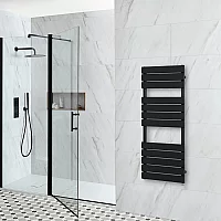 Milano x ECOSO Lustro Electric Designer Black Flat Panel Heated Towel Rail 1200mm x 450mm with Element no Cable Cover