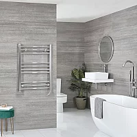Milano Kent Electric 800mm x 598mm Chrome Curved Heated Towel Rail With Element and Cable Cover