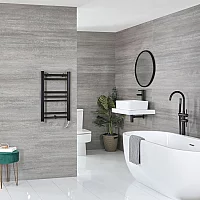 Milano Nero Electric 600mm x 400mm Matt Black Straight Heated Towel Rail With Element and Cable Cover