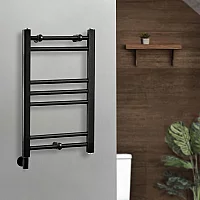 Milano x ECOSO Nero Electric 600mm x 400mm Straight Black Heated Towel Rail With Simple Element and Cable Cover