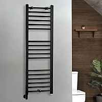 Milano x ECOSO Nero Electric 1200mm x 400mm Straight Black Heated Towel Rail With Simple Element and Cable Cover