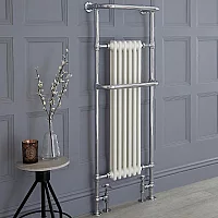 Milano Elizabeth White and Chrome Traditional Heated Towel Rail 1500mm x 575mm With Overhanging Rail