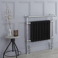 Milano Elizabeth Black and Chrome Traditional Heated Towel Rail 930mm x 790mm With Overhanging Rail