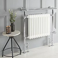 Milano Elizabeth White Traditional Dual Fuel Heated Towel Rail 930mm x 790mm With Overhanging Rail Choice of WiFi Thermostat and Cable Cover