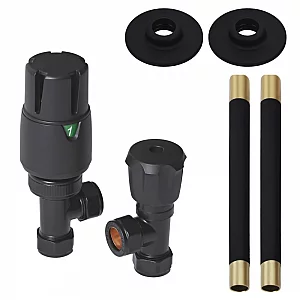 Black Radiator Valve and Pipe Set Milano Thermostatic Angled Valves